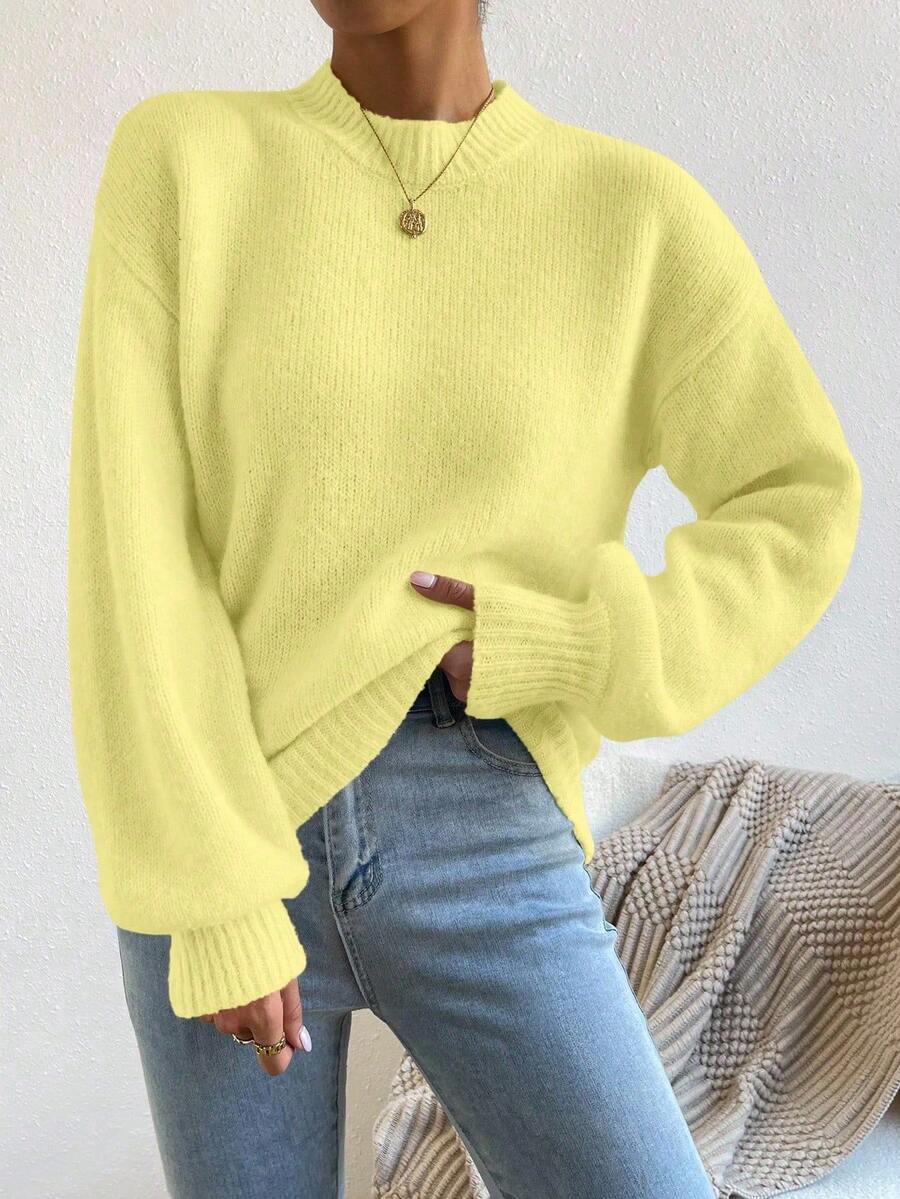Viola Relaxed Mock Neck Sweater with Drop Shoulders - Butter Yellow