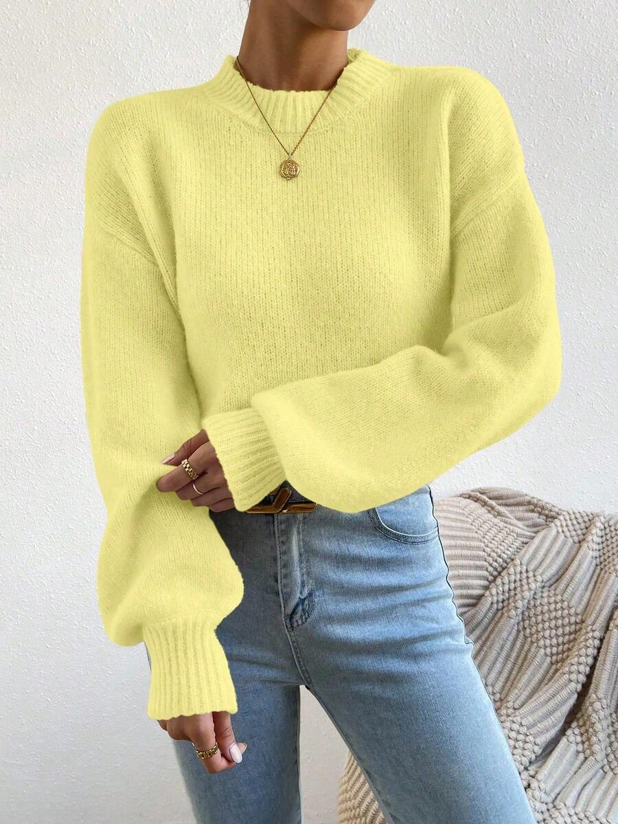 Viola Relaxed Mock Neck Sweater with Drop Shoulders - Butter Yellow