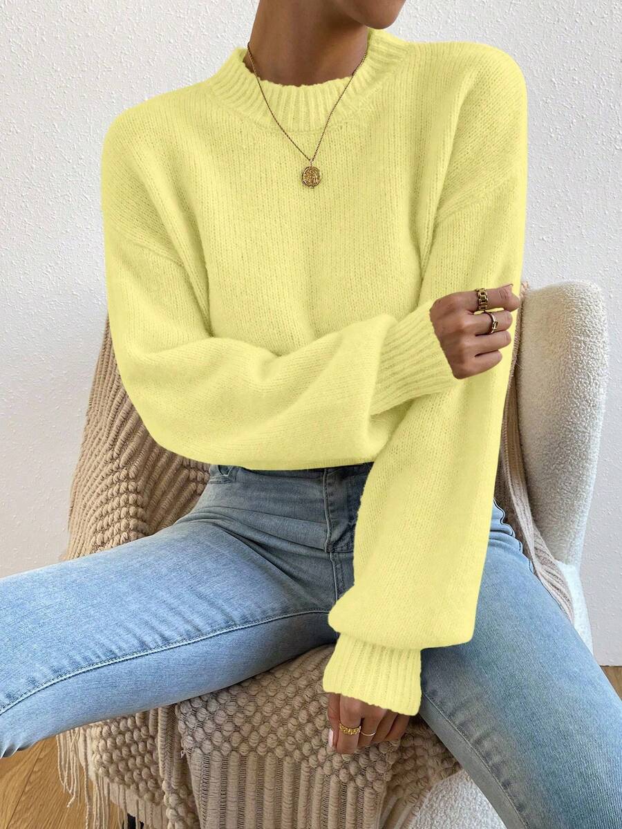 Viola Relaxed Mock Neck Sweater with Drop Shoulders - Butter Yellow