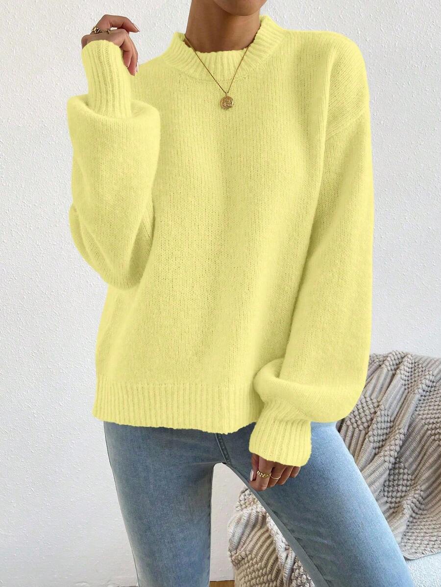 Viola Relaxed Mock Neck Sweater with Drop Shoulders - Butter Yellow