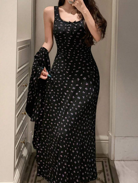 Selene Ditsy Floral Camisole Dress Long Cardigan Pajama Set - Black
