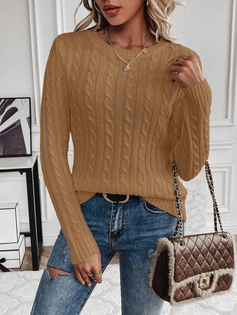 Livia Twist Cable Knit Crew Neck Sweater Fitted Pullover - Camel
