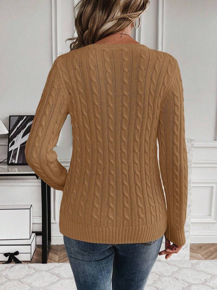 Livia Twist Cable Knit Crew Neck Sweater Fitted Pullover - Camel
