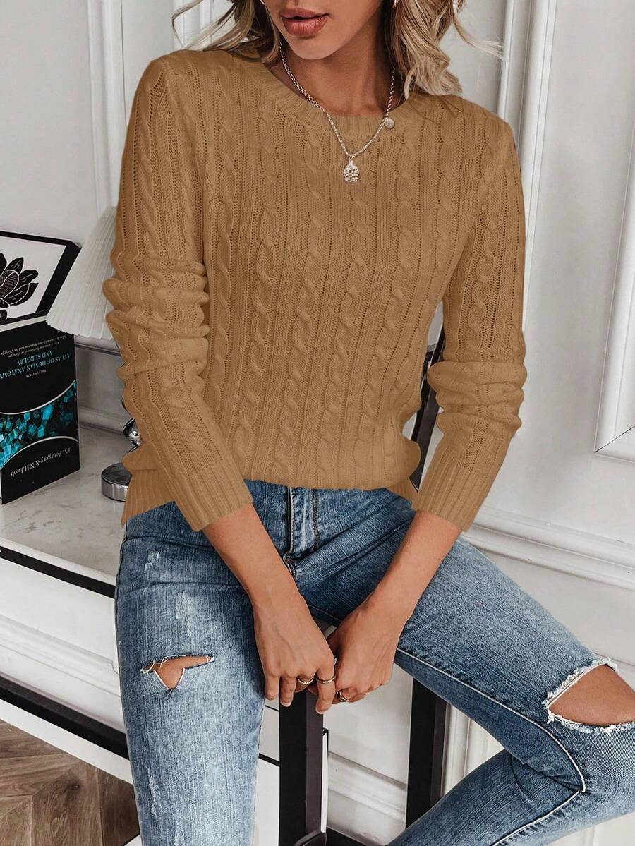Livia Twist Cable Knit Crew Neck Sweater Fitted Pullover - Camel