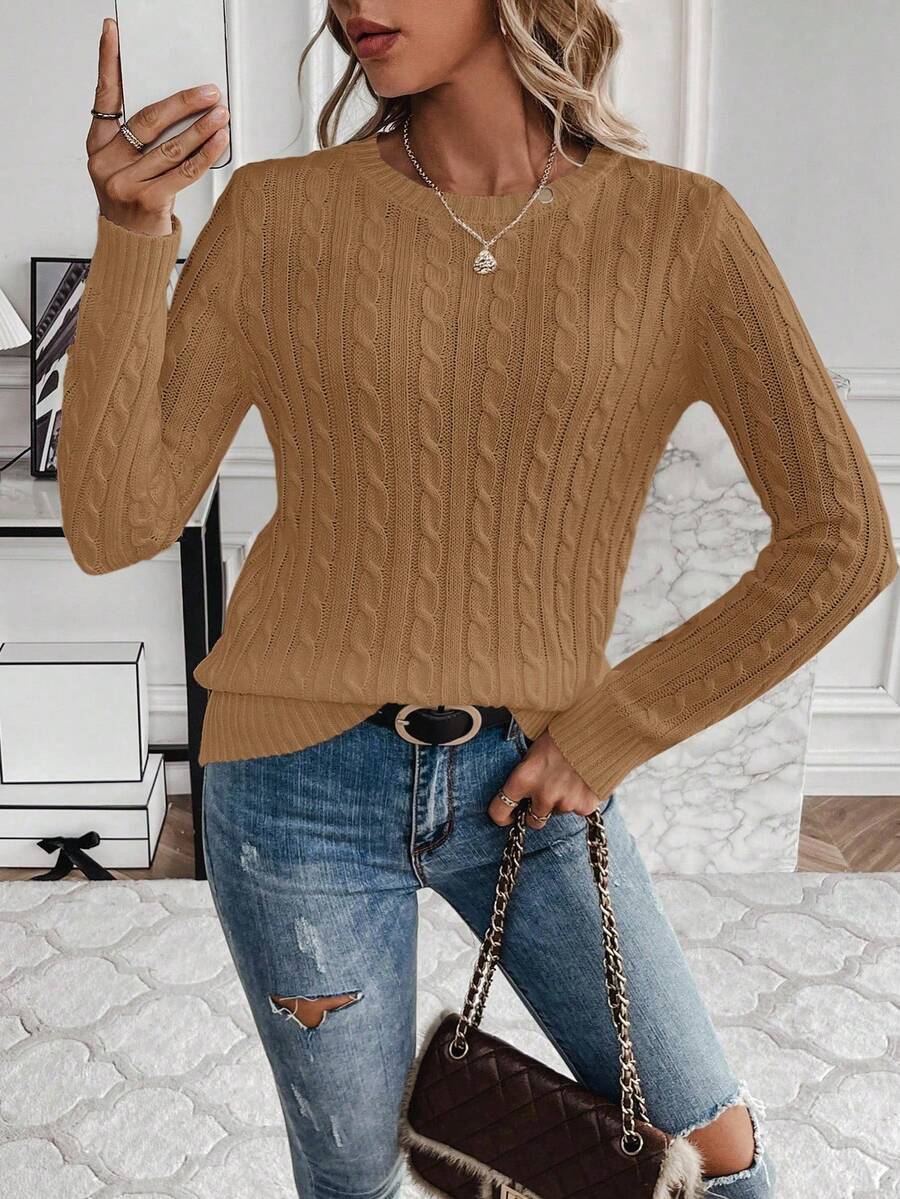 Livia Twist Cable Knit Crew Neck Sweater Fitted Pullover - Camel