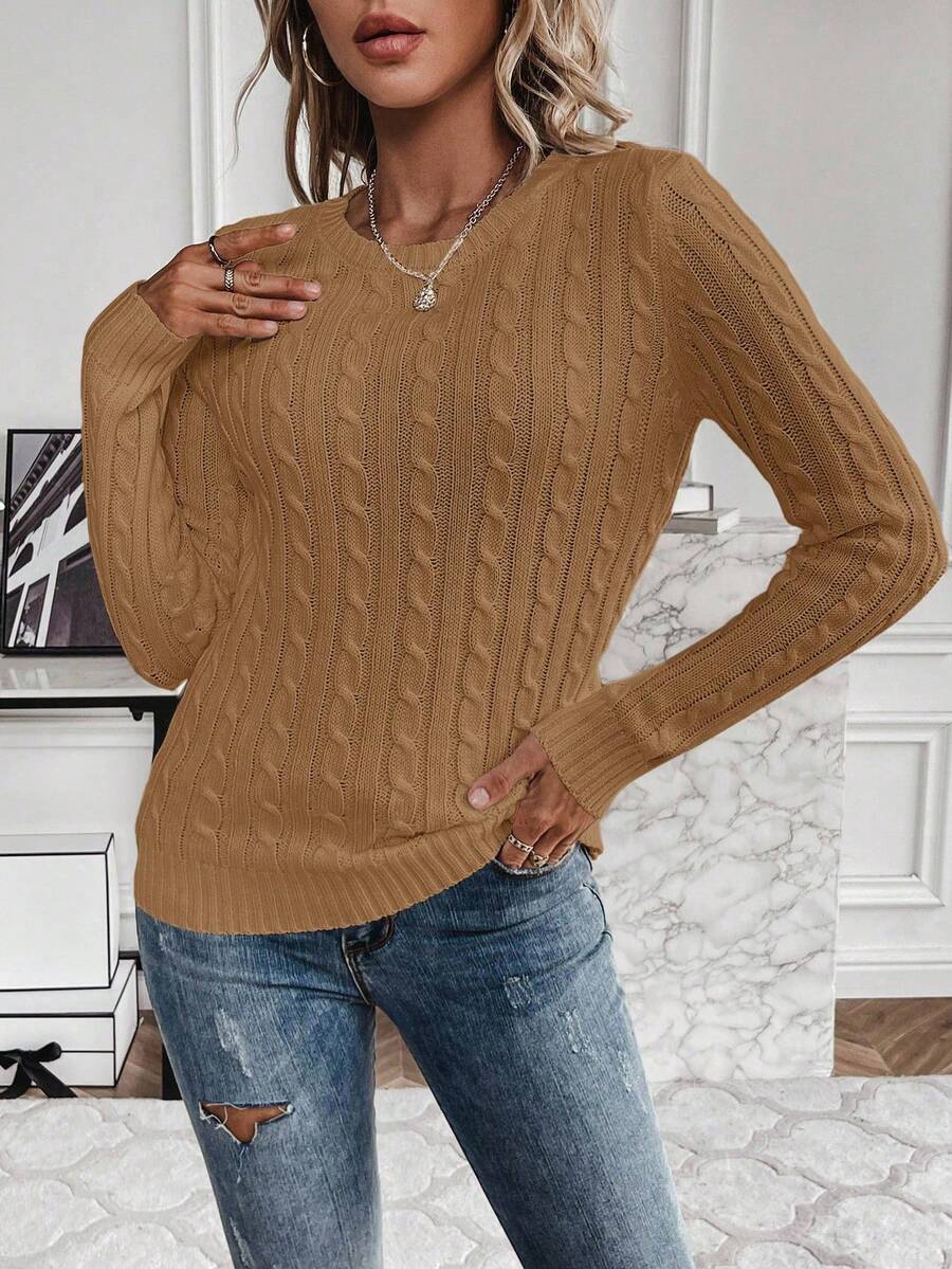 Livia Twist Cable Knit Crew Neck Sweater Fitted Pullover - Camel