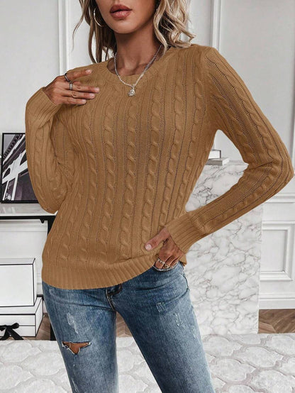 Livia Twist Cable Knit Crew Neck Sweater Fitted Pullover - Camel