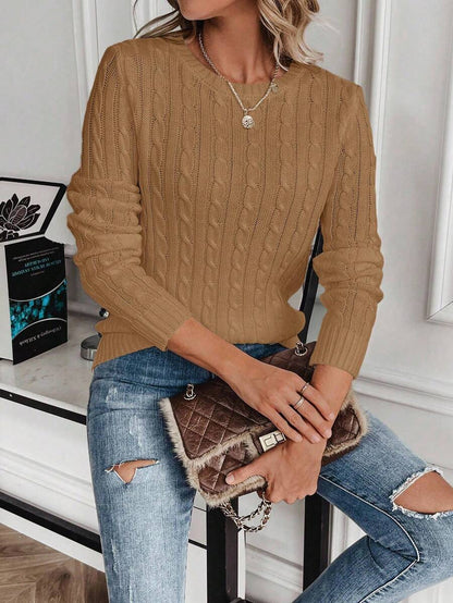 Livia Twist Cable Knit Crew Neck Sweater Fitted Pullover - Camel