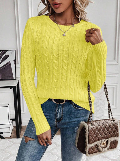 Livia Twist Cable Knit Crew Neck Sweater Fitted Pullover - Yellow