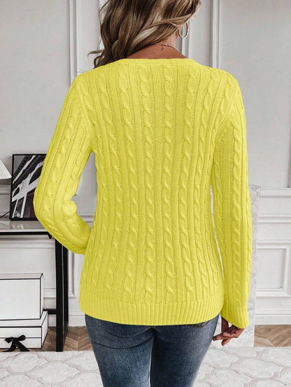 Livia Twist Cable Knit Crew Neck Sweater Fitted Pullover - Yellow