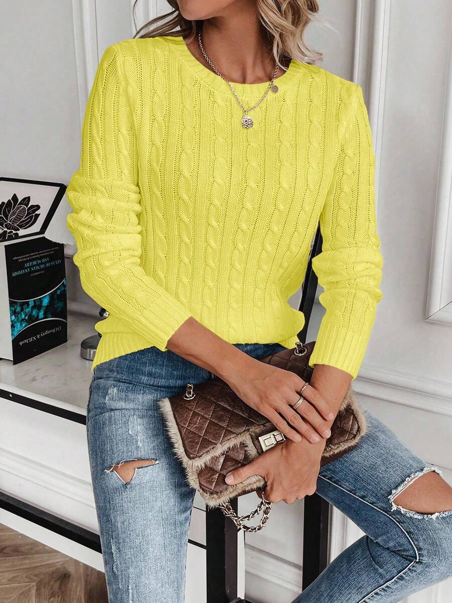 Livia Twist Cable Knit Crew Neck Sweater Fitted Pullover - Yellow
