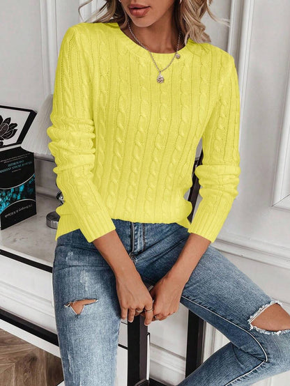 Livia Twist Cable Knit Crew Neck Sweater Fitted Pullover - Yellow