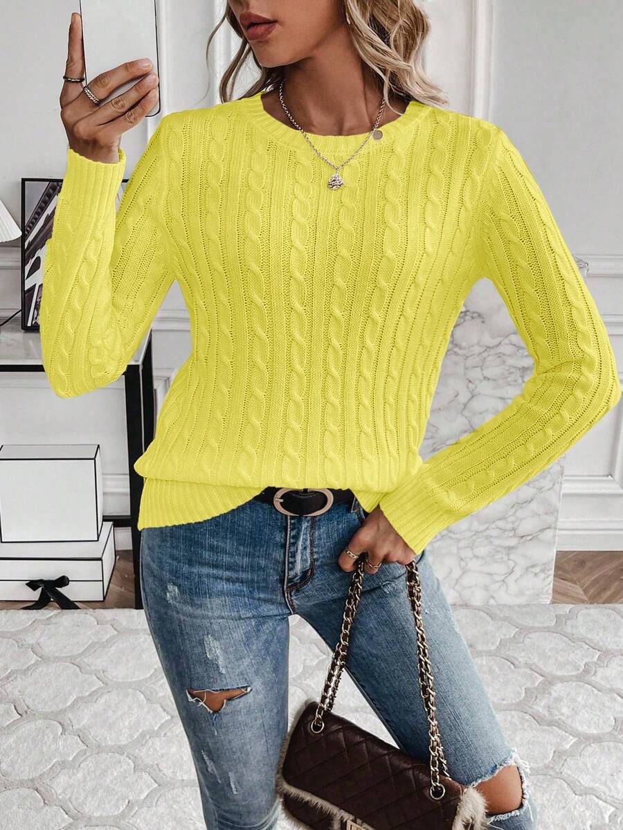 Livia Twist Cable Knit Crew Neck Sweater Fitted Pullover - Yellow