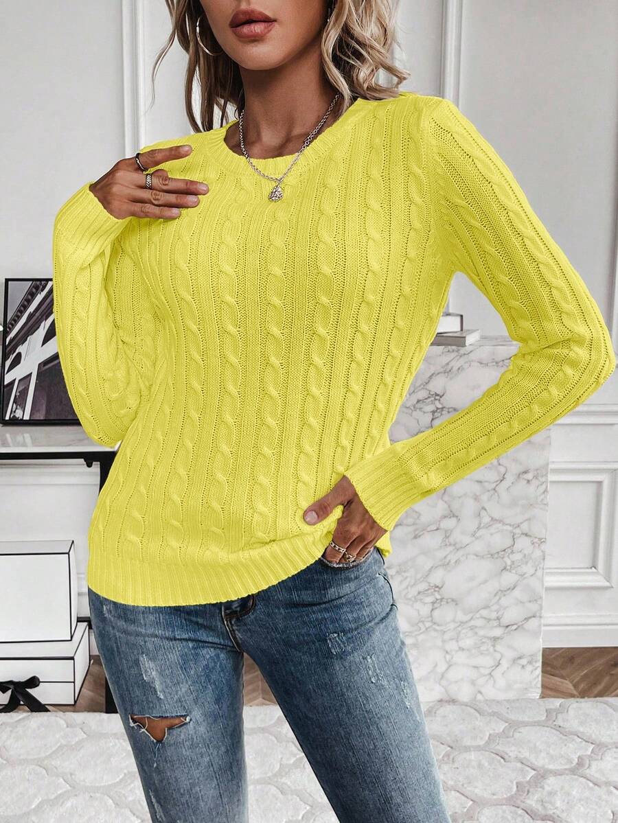Livia Twist Cable Knit Crew Neck Sweater Fitted Pullover - Yellow