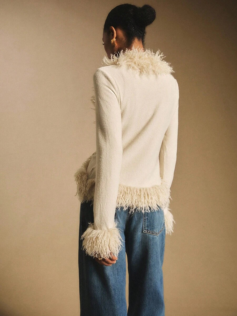 Women's Faux Fur Trim Tie Front Knit Top, Sweater Top for Holiday and Evening - Apricot