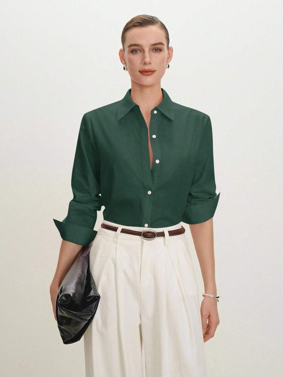 Arabella Classic Collared Button Down Long Sleeve Cotton Shirt - Dark Green