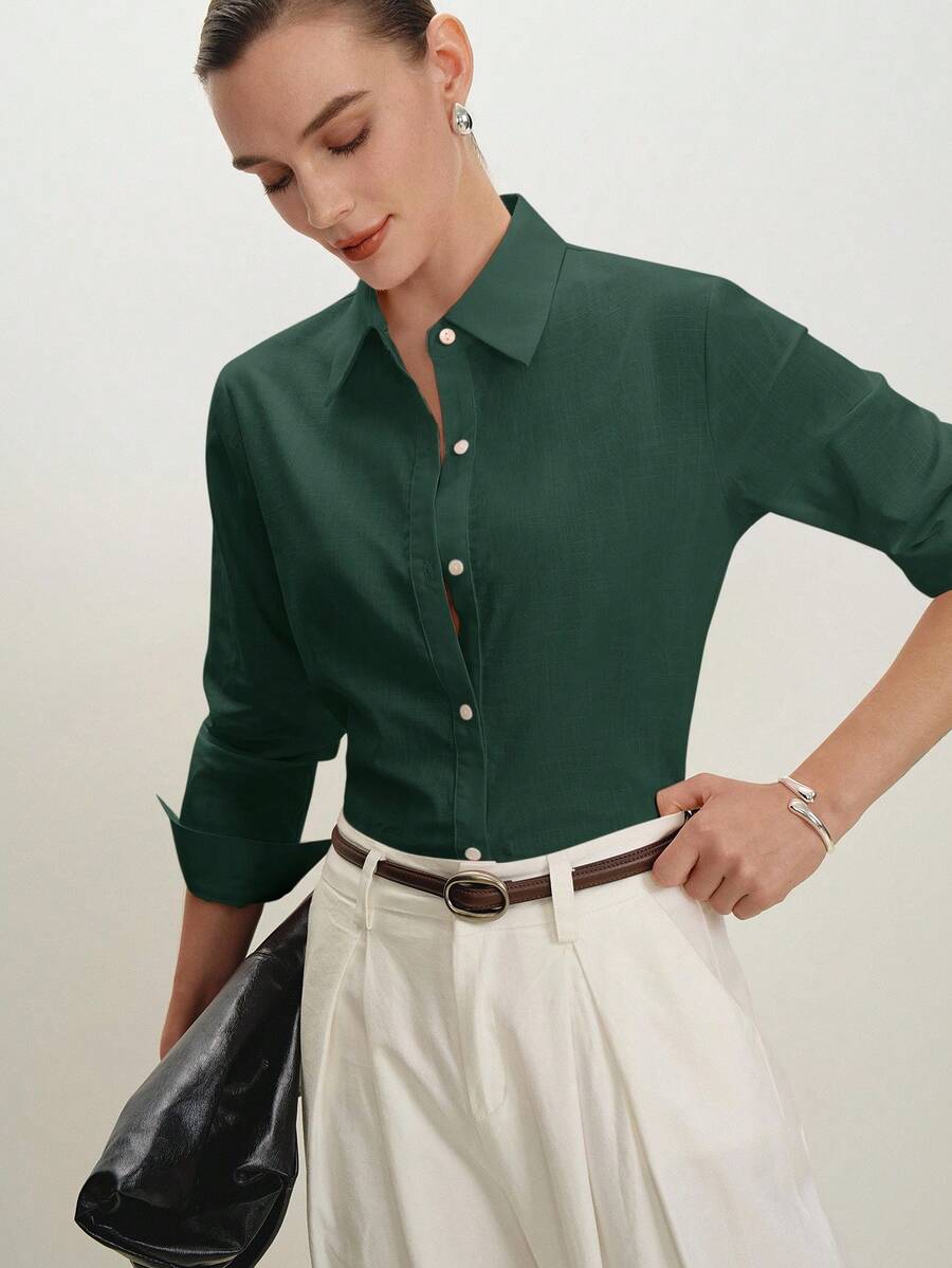 Arabella Classic Collared Button Down Long Sleeve Cotton Shirt - Dark Green