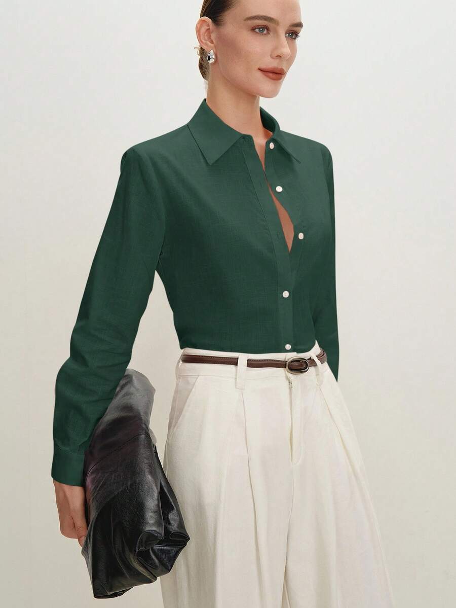 Arabella Classic Collared Button Down Long Sleeve Cotton Shirt - Dark Green