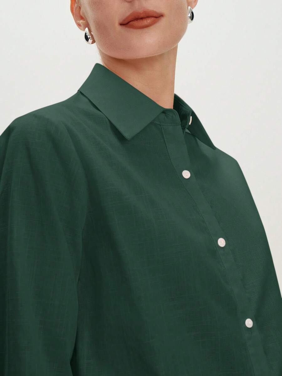 Arabella Classic Collared Button Down Long Sleeve Cotton Shirt - Dark Green