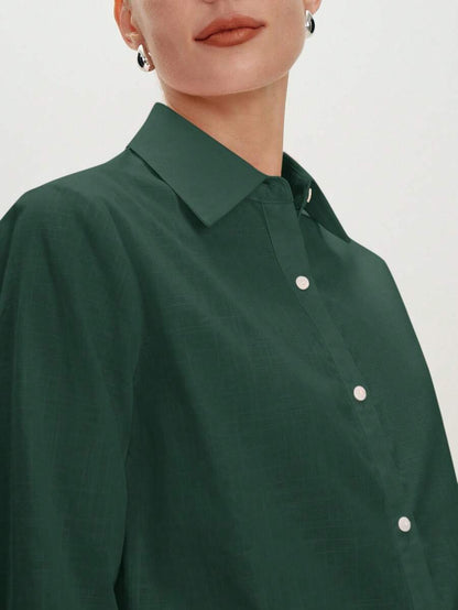 Arabella Classic Collared Button Down Long Sleeve Cotton Shirt - Dark Green