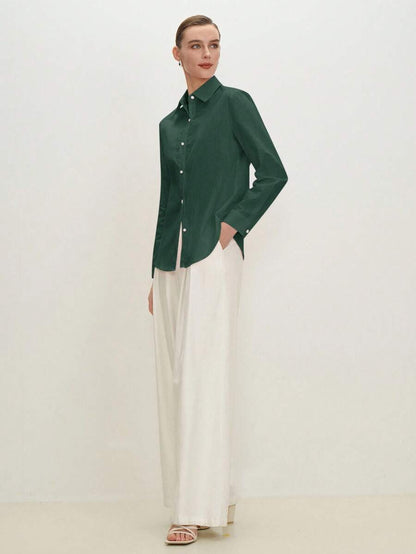 Arabella Classic Collared Button Down Long Sleeve Cotton Shirt - Dark Green