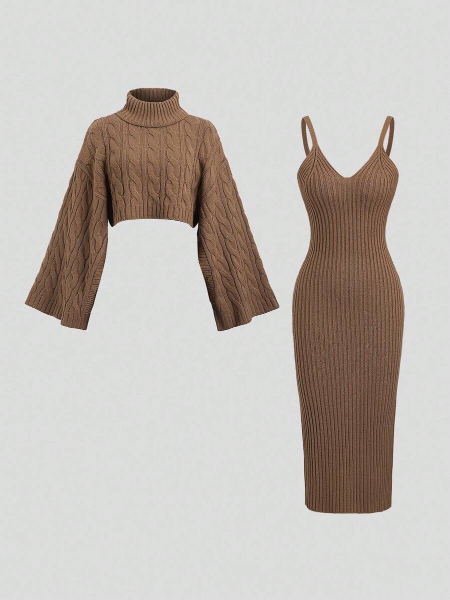 Women's Cable Knit Cropped Sweater and Slip Dress Set, Two Piece Knit Outfit for Fall - Red
