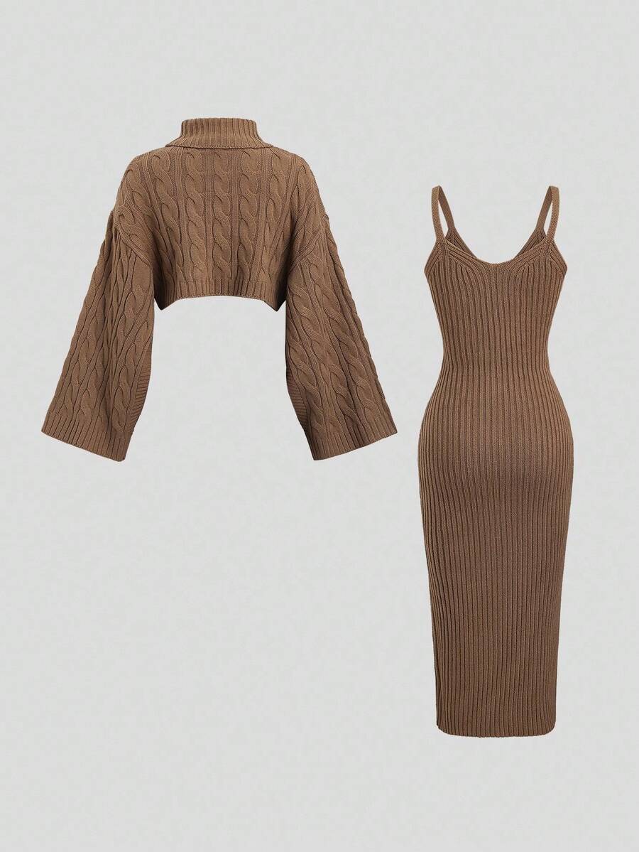 Women's Cable Knit Cropped Sweater and Slip Dress Set, Two Piece Knit Outfit for Fall - Camel