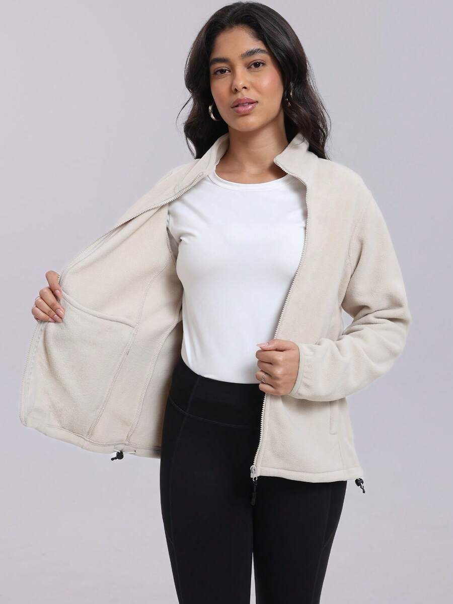 Gwendolyn Full Zip Fleece Jacket with Stand Collar and Pockets - Cream