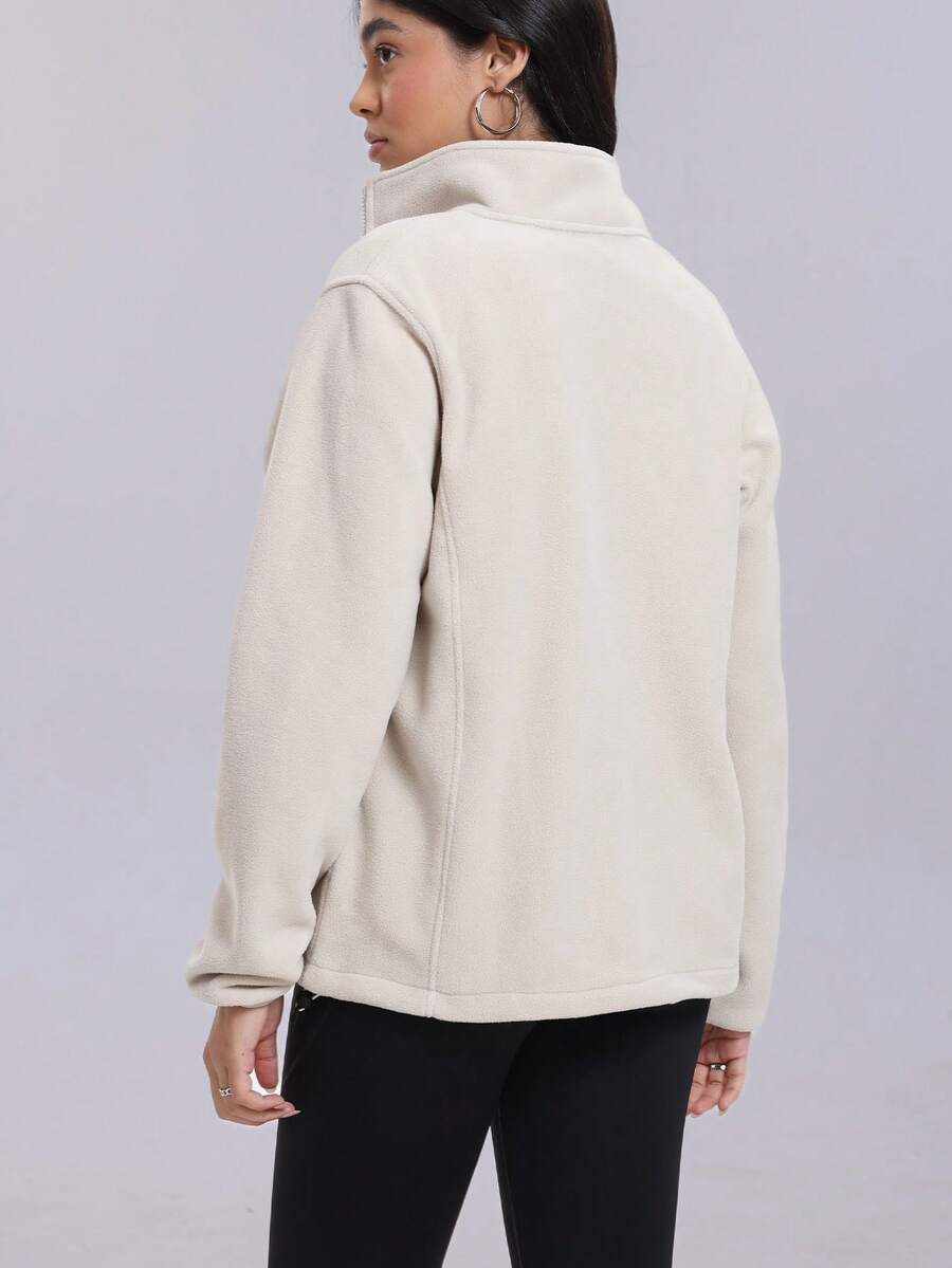 Gwendolyn Full Zip Fleece Jacket with Stand Collar and Pockets - Cream