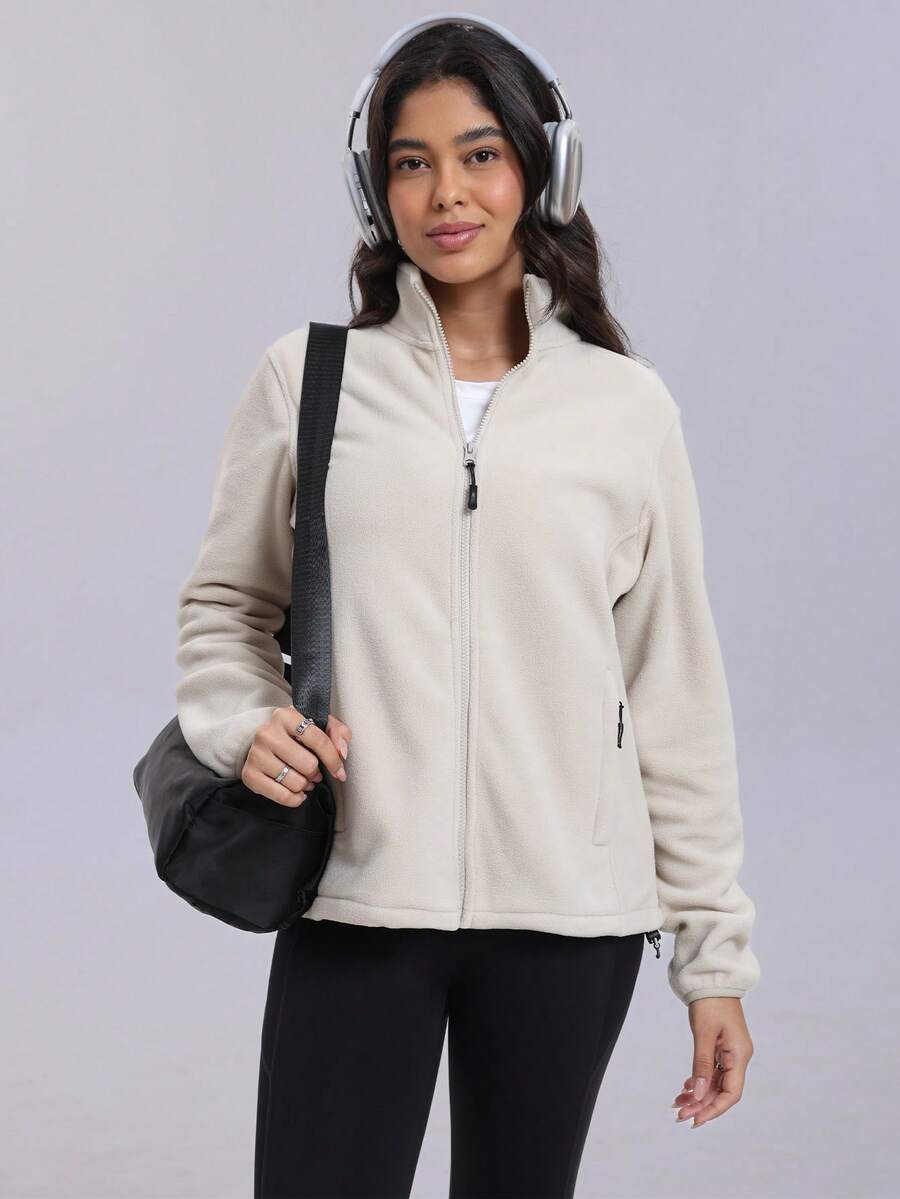 Gwendolyn Full Zip Fleece Jacket with Stand Collar and Pockets - Cream