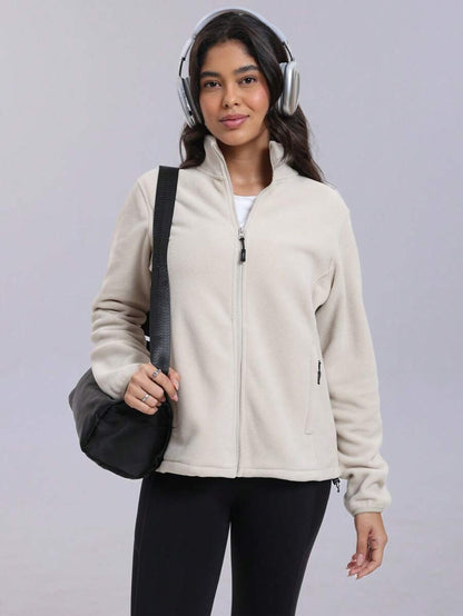 Gwendolyn Full Zip Fleece Jacket with Stand Collar and Pockets - Cream