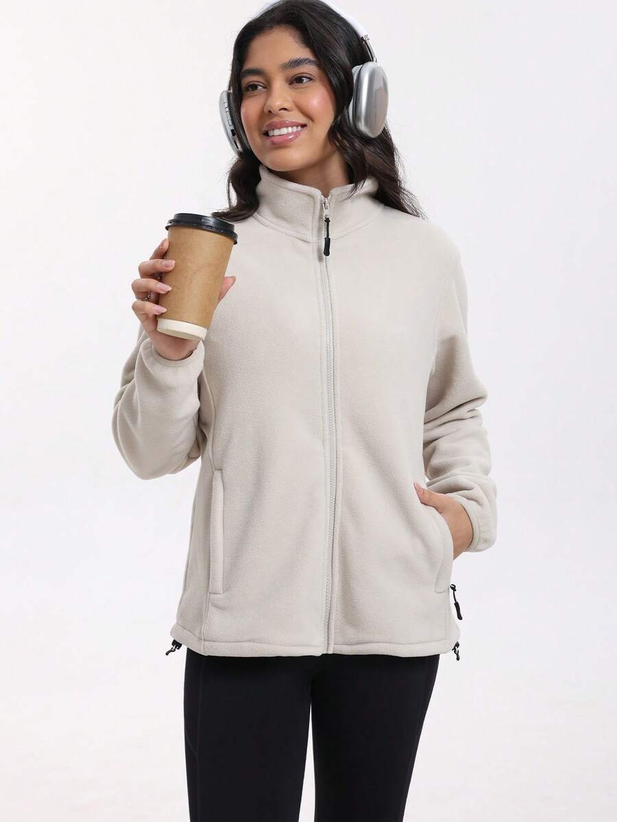 Gwendolyn Full Zip Fleece Jacket with Stand Collar and Pockets - Cream