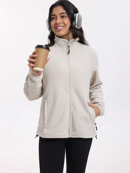 Gwendolyn Full Zip Fleece Jacket with Stand Collar and Pockets - Cream