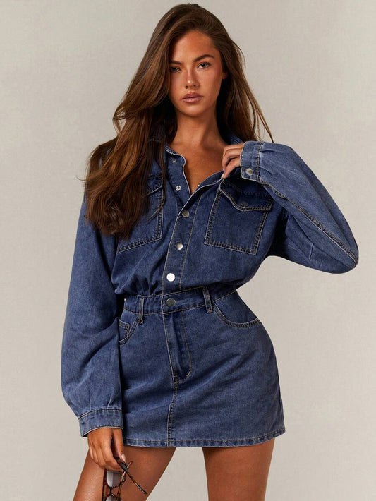 Lenox Utility Pocket Button Front Denim Shirt Dress - Navy Blue
