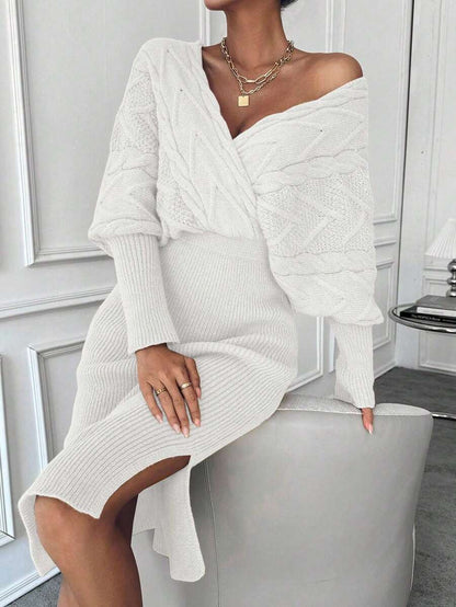 Women's Cable Knit Wrap Sweater Dress, Batwing Sleeve Knit Dress for Fall Winter - White