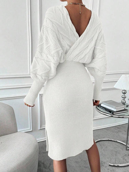 Women's Cable Knit Wrap Sweater Dress, Batwing Sleeve Knit Dress for Fall Winter - Navy Blue
