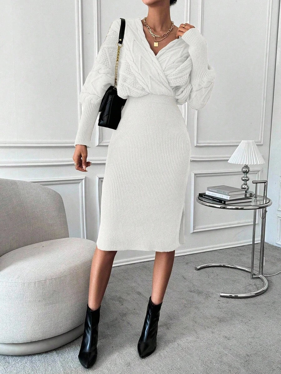 Women's Cable Knit Wrap Sweater Dress, Batwing Sleeve Knit Dress for Fall Winter - Navy Blue
