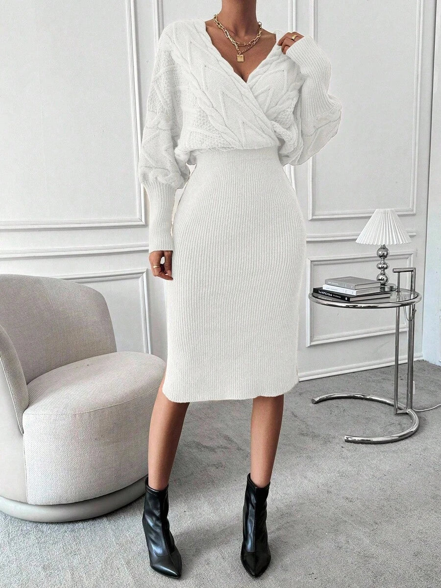 Women's Cable Knit Wrap Sweater Dress, Batwing Sleeve Knit Dress for Fall Winter - Navy Blue