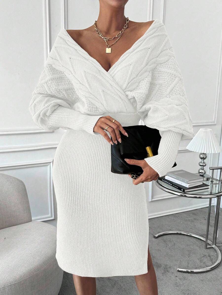 Women's Cable Knit Wrap Sweater Dress, Batwing Sleeve Knit Dress for Fall Winter - Navy Blue