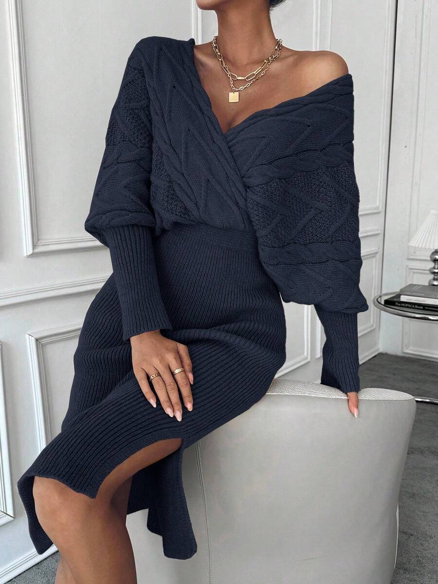 Women's Cable Knit Wrap Sweater Dress, Batwing Sleeve Knit Dress for Fall Winter - Navy Blue