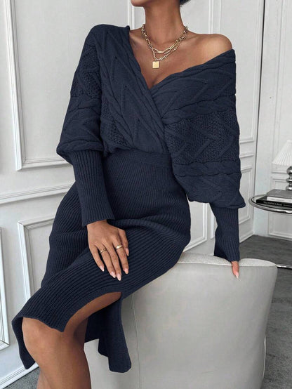 Women's Cable Knit Wrap Sweater Dress, Batwing Sleeve Knit Dress for Fall Winter - Navy Blue