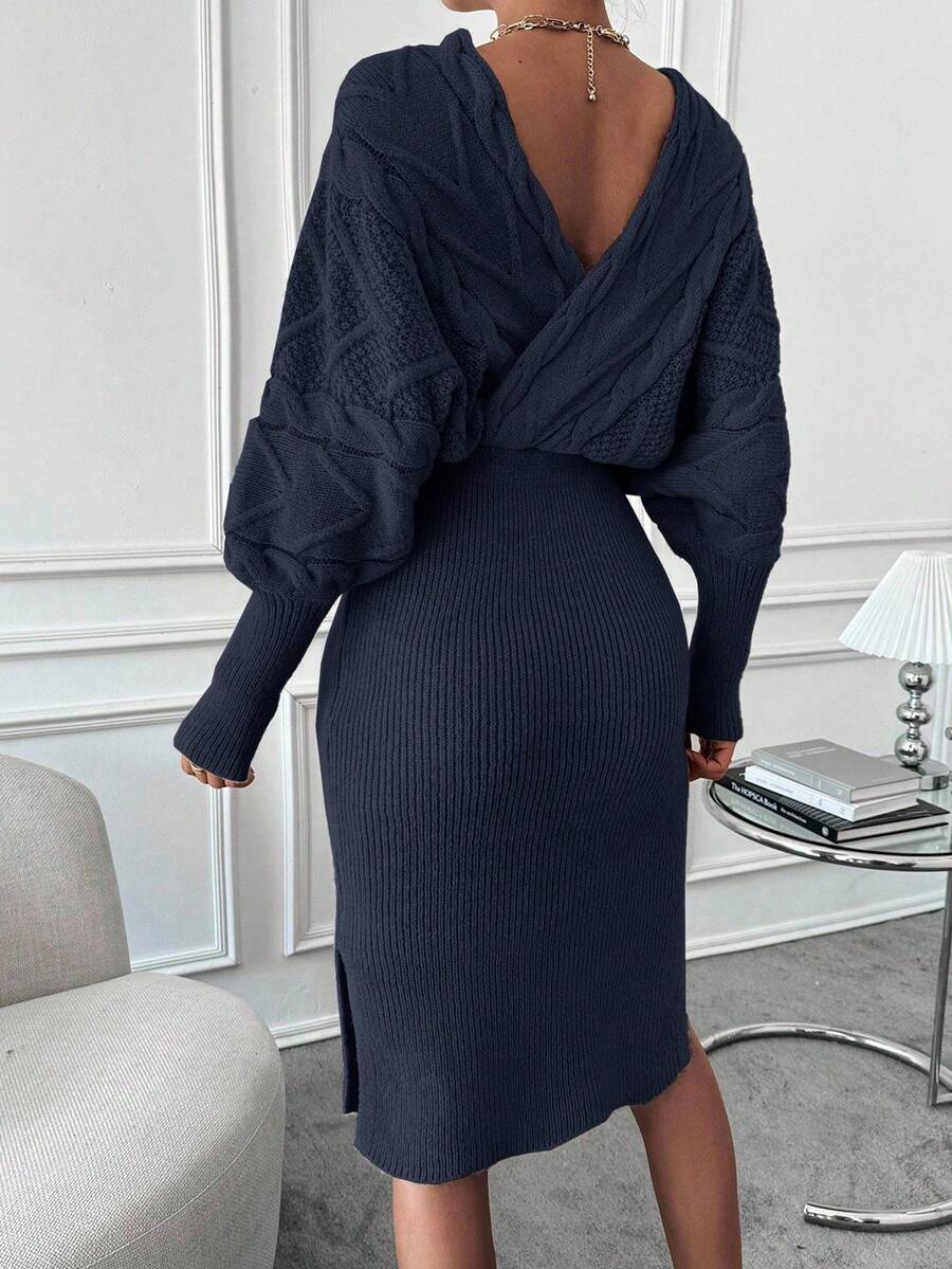 Women's Cable Knit Wrap Sweater Dress, Batwing Sleeve Knit Dress for Fall Winter - Navy Blue
