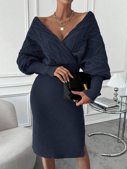 Women's Cable Knit Wrap Sweater Dress, Batwing Sleeve Knit Dress for Fall Winter - Navy Blue