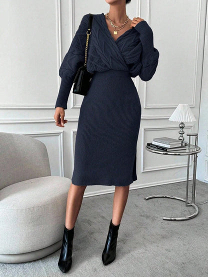 Women's Cable Knit Wrap Sweater Dress, Batwing Sleeve Knit Dress for Fall Winter - Navy Blue