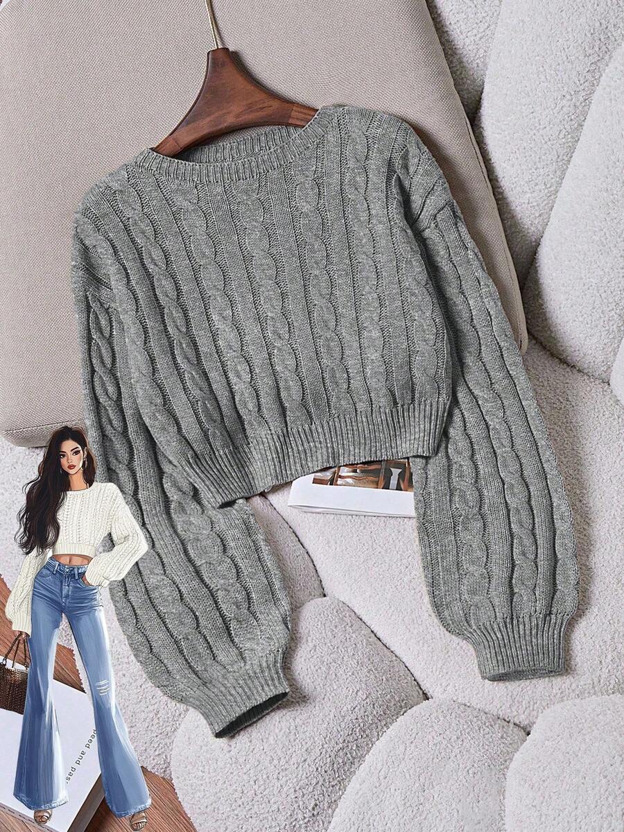 Oriana Cropped Cable Knit Sweater with Crew Neck - Grey
