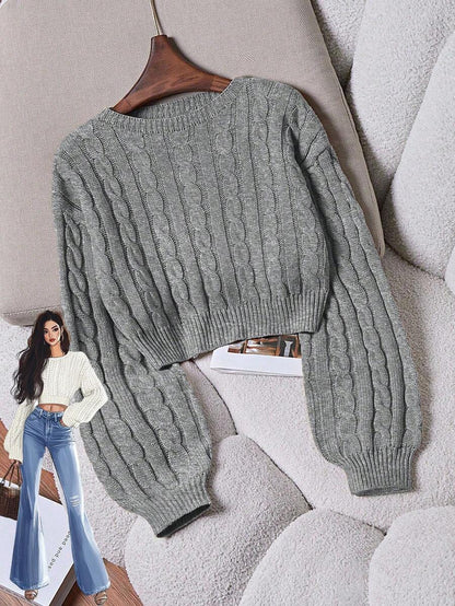 Oriana Cropped Cable Knit Sweater with Crew Neck - Grey