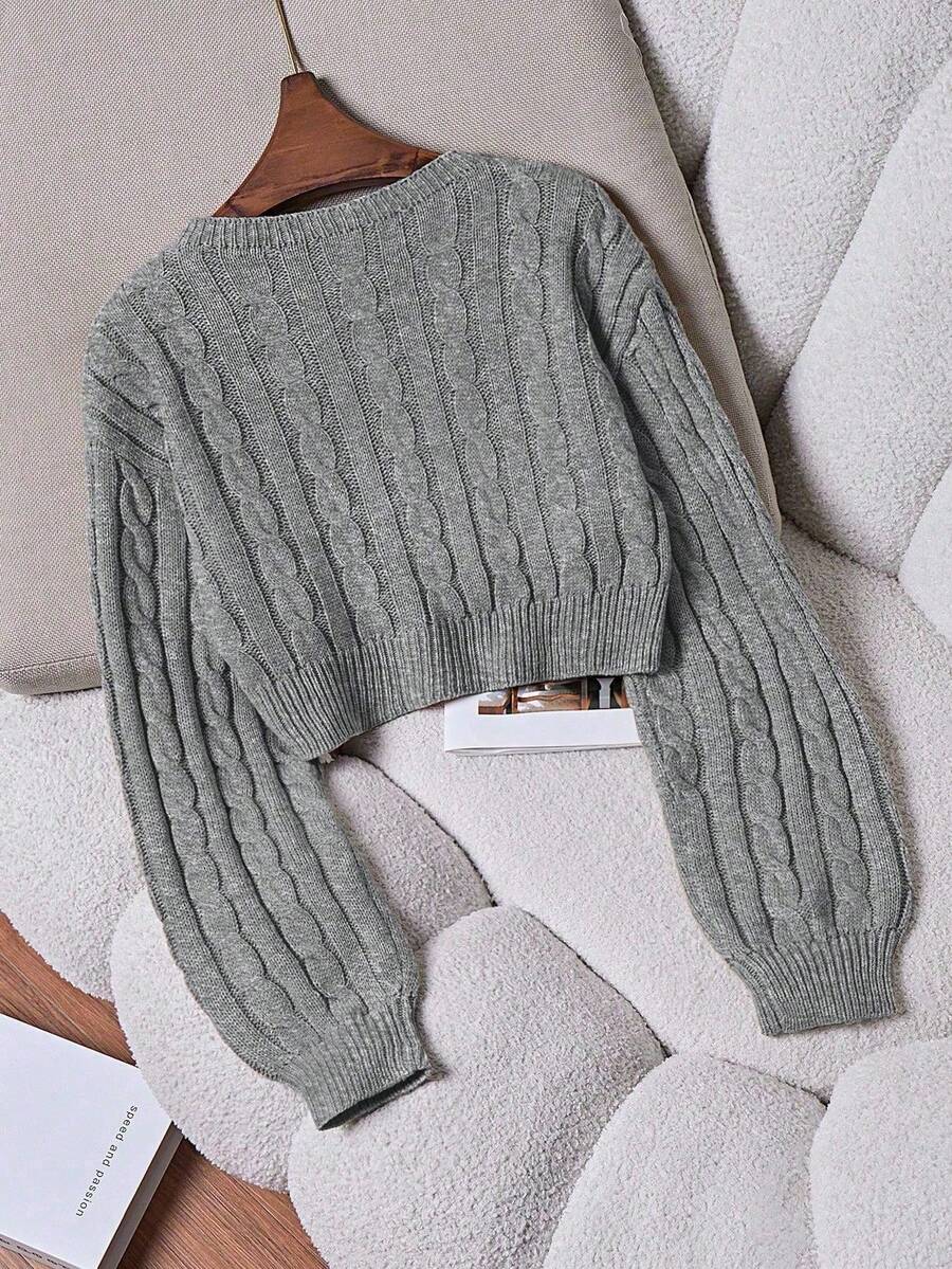 Oriana Cropped Cable Knit Sweater with Crew Neck - Grey