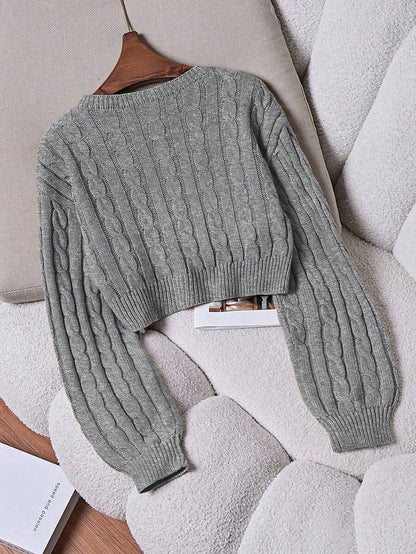 Oriana Cropped Cable Knit Sweater with Crew Neck - Grey