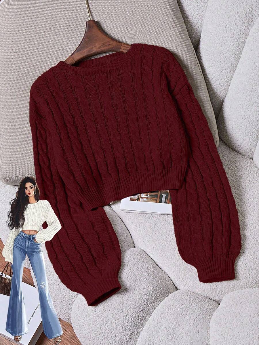 Oriana Cropped Cable Knit Sweater with Crew Neck - Burgundy
