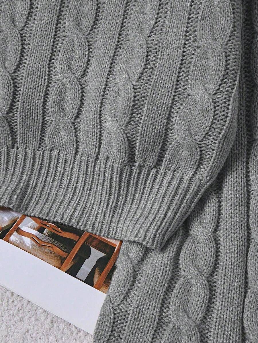 Oriana Cropped Cable Knit Sweater with Crew Neck - Grey